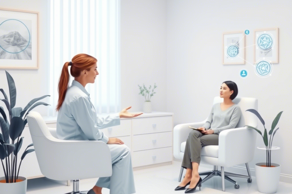 A therapist and client in a modern office, with AI elements like scheduling and chatbots subtly integrated into the background.