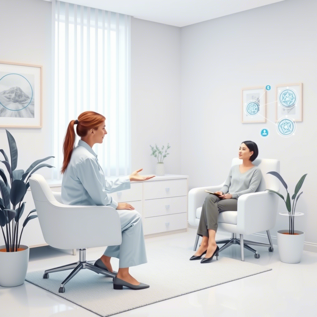 A therapist and client in a modern office, with AI elements like scheduling and chatbots subtly integrated into the background.